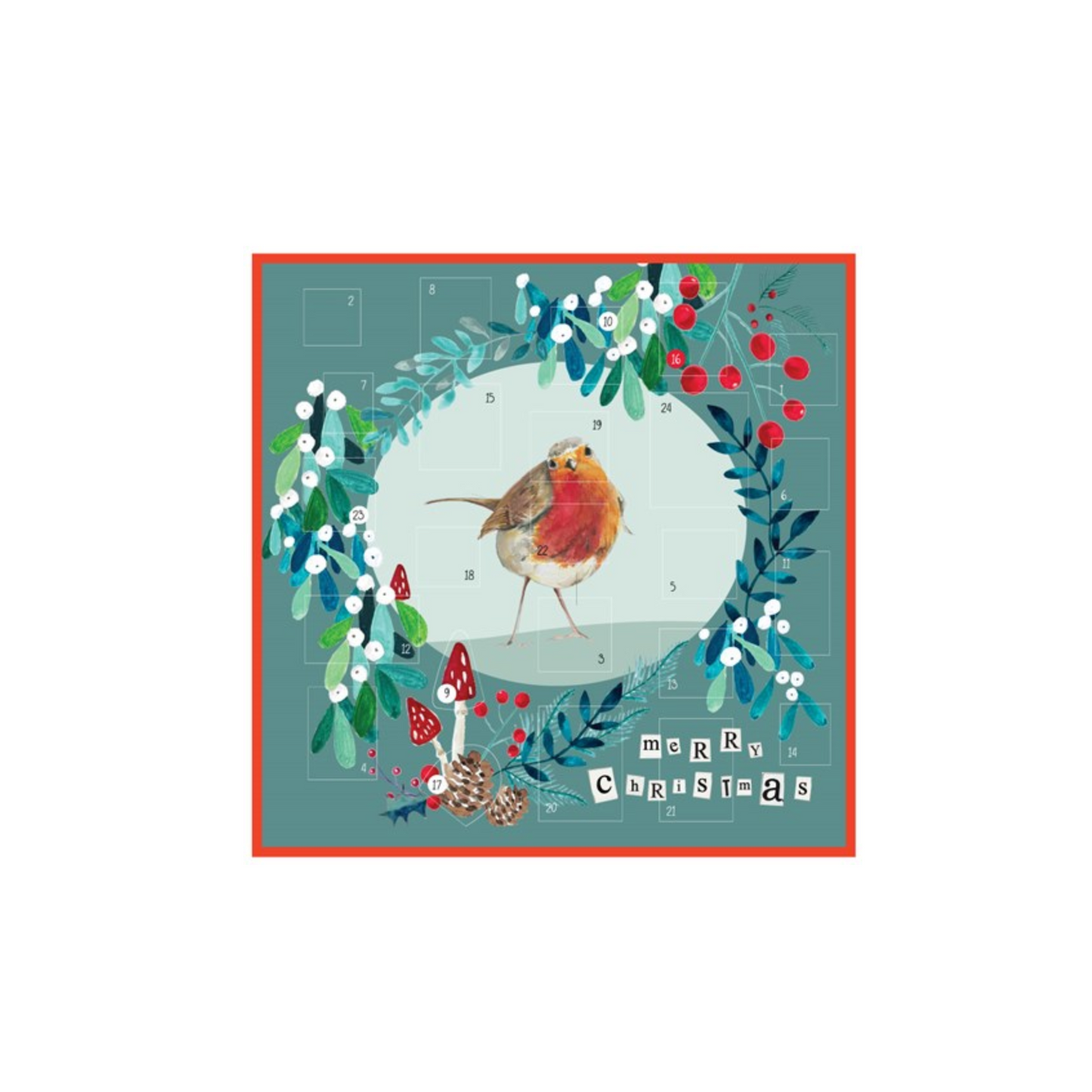 Adventskalender-Weihnachtskranz aus grünen Zweigen, weißen Beeren, roten Pilzen und Zapfen um einen Rotkehlchen-Vogel, darunter Schriftzug 'merry Christmas'.