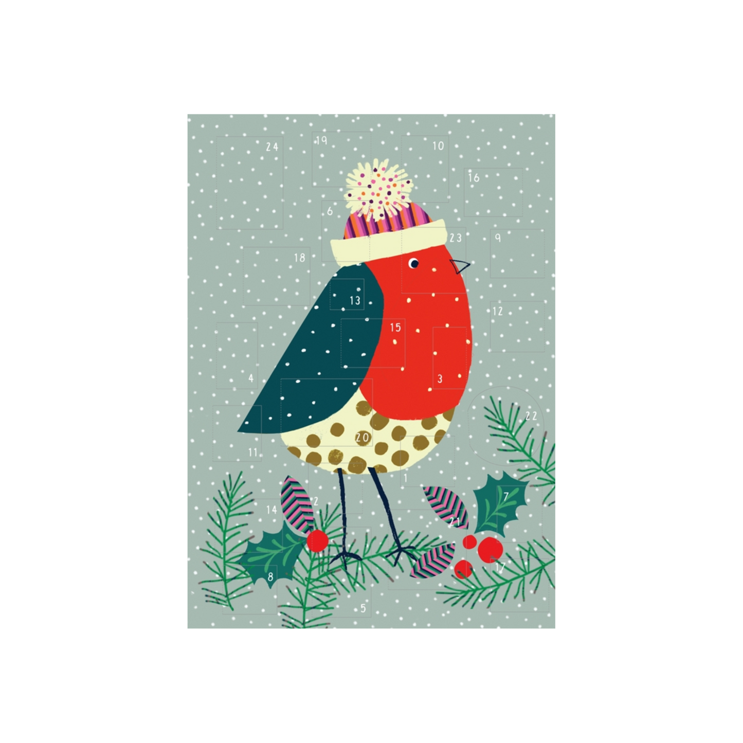 Adventskalender-Illustration eines Rotkehlchens mit roter Brust und blauem Rücken, das eine Mütze trägt, umgeben von Tannenzweigen, Zapfen und roten Beeren vor grauem Hintergrund mit weißen Schneeflocken.