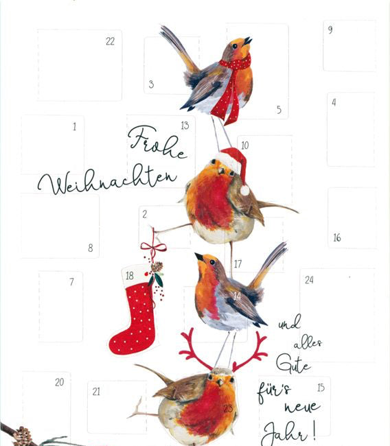 Adventskalender-Vier Rotkehlchen mit Weihnachtsmütze, Schal und Strumpf auf Zweig mit Tannenzapfen und Pilz, handgeschriebener Text 'Frohe Weihnachten und aller Gute für's neue Jahr!'