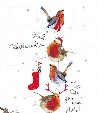 Adventskalender-Vier Rotkehlchen mit Weihnachtsmütze, Schal und Strumpf auf Zweig mit Tannenzapfen und Pilz, handgeschriebener Text 'Frohe Weihnachten und aller Gute für's neue Jahr!'