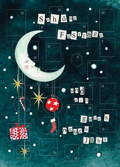 Adventskalender-Mond mit Gesicht, Weihnachtsstern, Zuckerstange, Geschenk, Weihnachtskugel und Socke vor dunkelgrünem Hintergrund mit Schneeflocken, Text 'Schöne Festtage und ein gutes neues Jahr' in ausgeschnittenen Buchstaben.