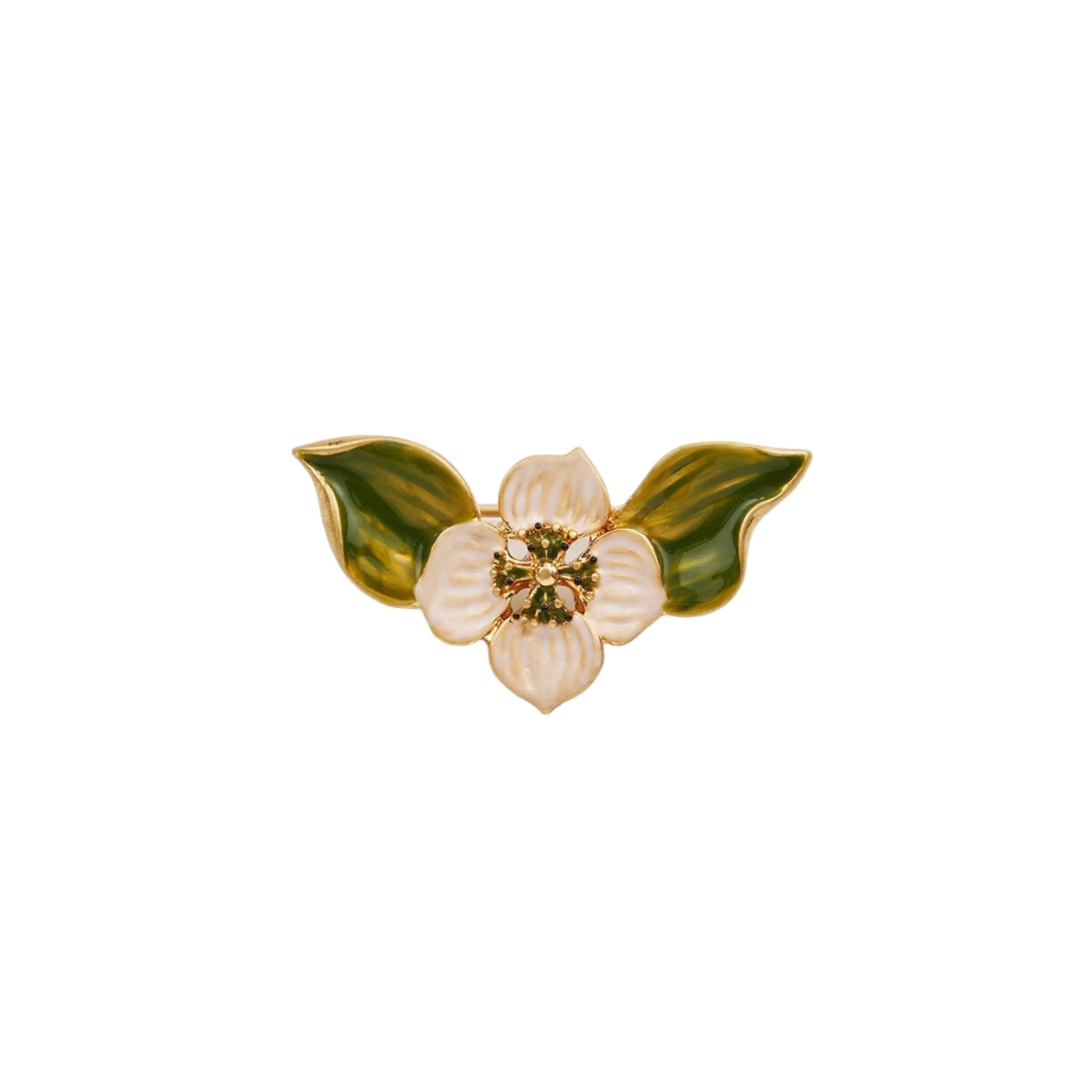 Goldfarbene Brosche in Form einer Blüte mit weißen Blütenblättern und zwei grünen Blättern, verziert mit kleinen grünen Punkten in der Mitte.