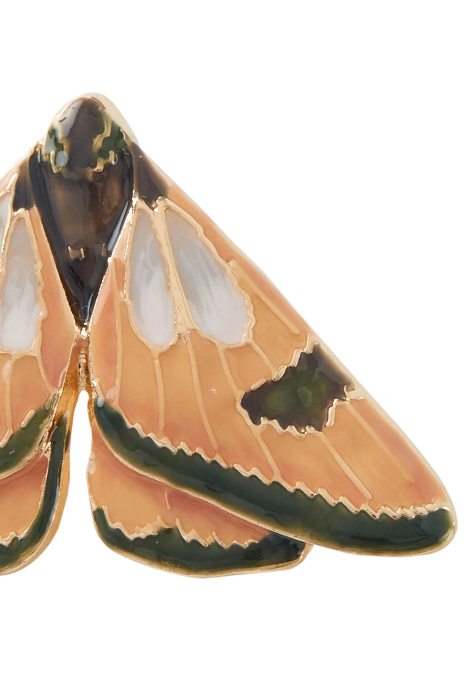 Schmuckbrosche in Form einer Motte mit orangefarbenen, weißen und schwarzen Flügeln und goldfarbenem Rand