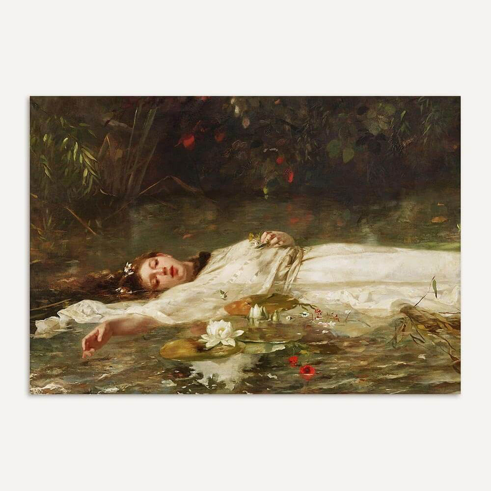 Friedrich Heyser Kunstdruck im A4-Querformat zeigt Ophelia im weißen Kleid, umgeben von Seerosen auf einem spiegelnden Fluss treibend.