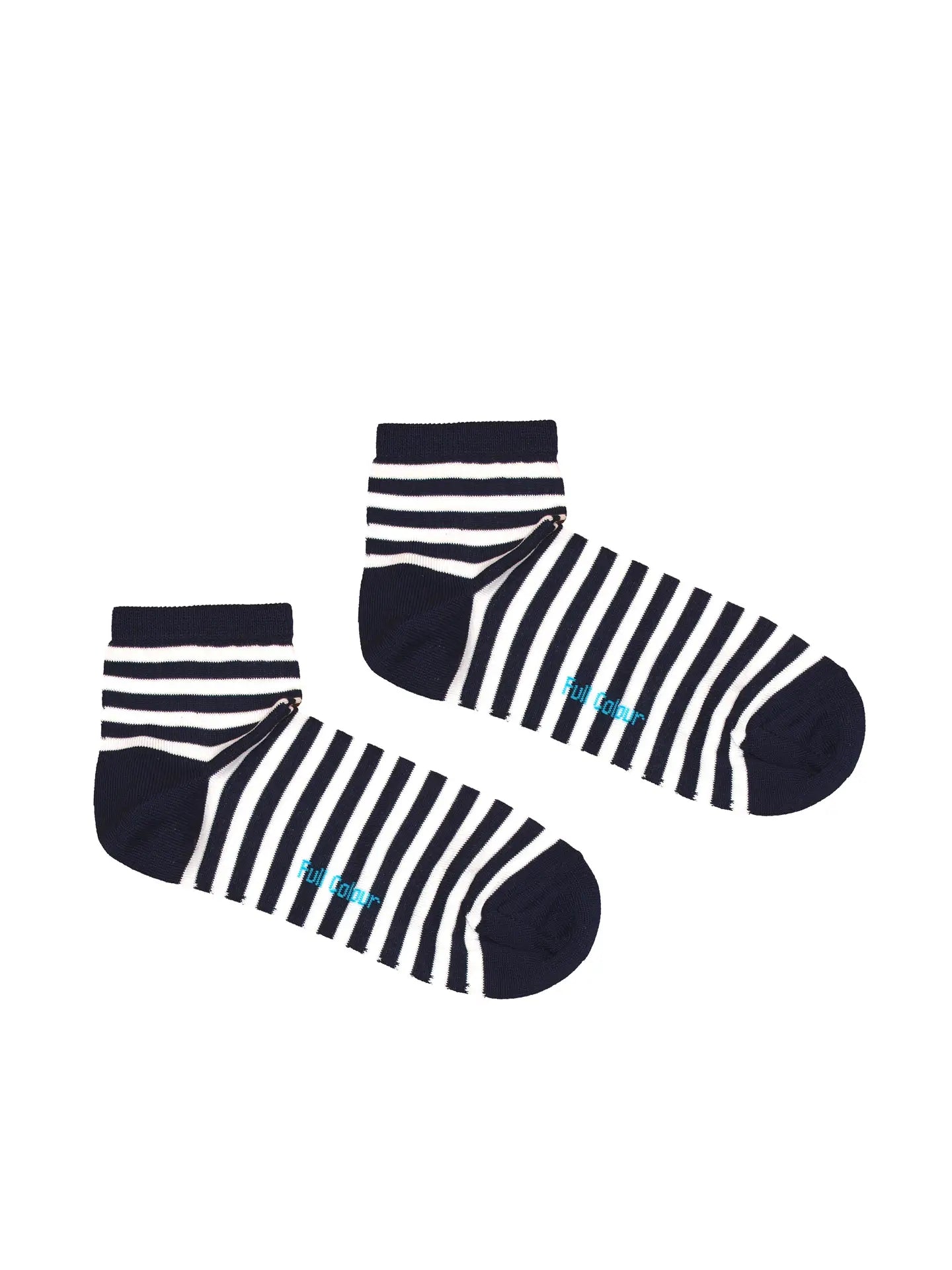 Dunkelblaue-weiße kurze Socken mit horizontalen Streifen und blauem Schriftzug 'Full Colour'