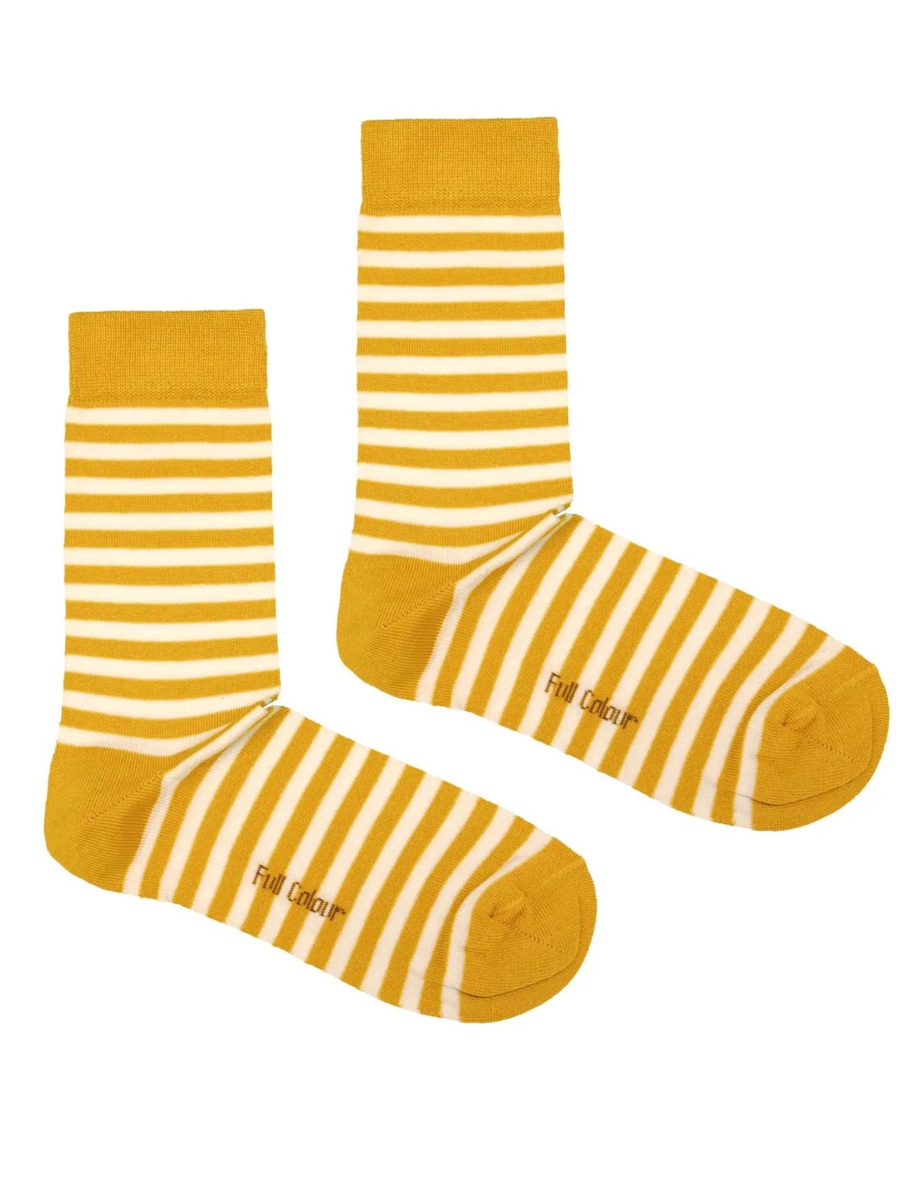 senfgelb weiß gestreifte Socken mit senfgelbem Bund, Ferse und Spitze, Marke 'full colour' Schriftzug unter dem Fuß