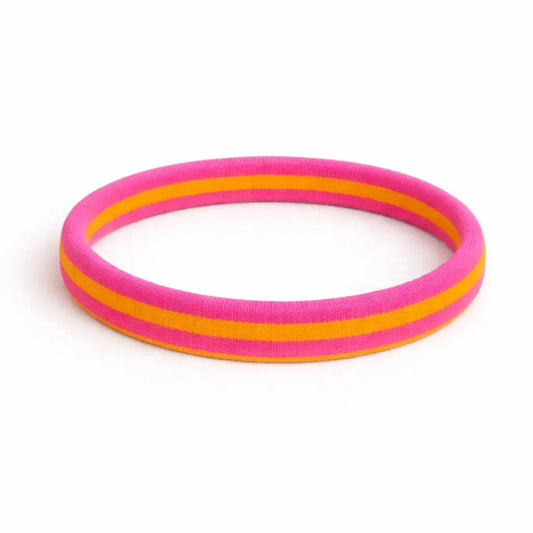 Knalliges Haargummi ohne Metall in Pink und Orange gestreift aus elastischem Nylon.