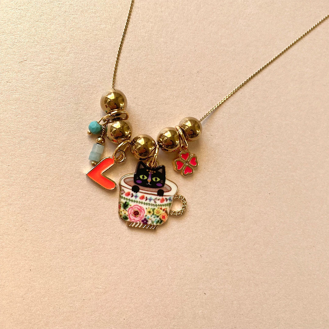 Charm-Halskette mit Katze, Kleeblatt & Herz | Gold | 45 cm