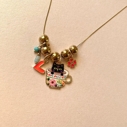 Charm-Halskette mit Katze, Kleeblatt & Herz | Gold | 45 cm