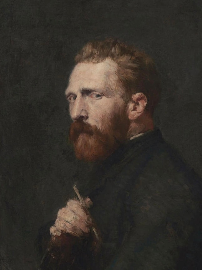 DIN A4 Kunstdruck mit dem historischen Porträt von Vincent van Gogh mit Pfeife und Bart auf dunklem Hintergrund