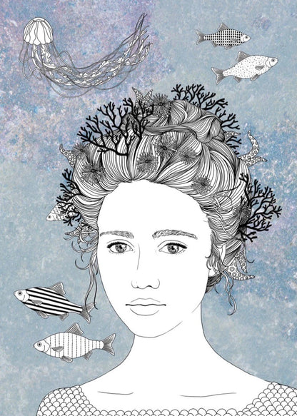 Illustration Frau mit Fischen