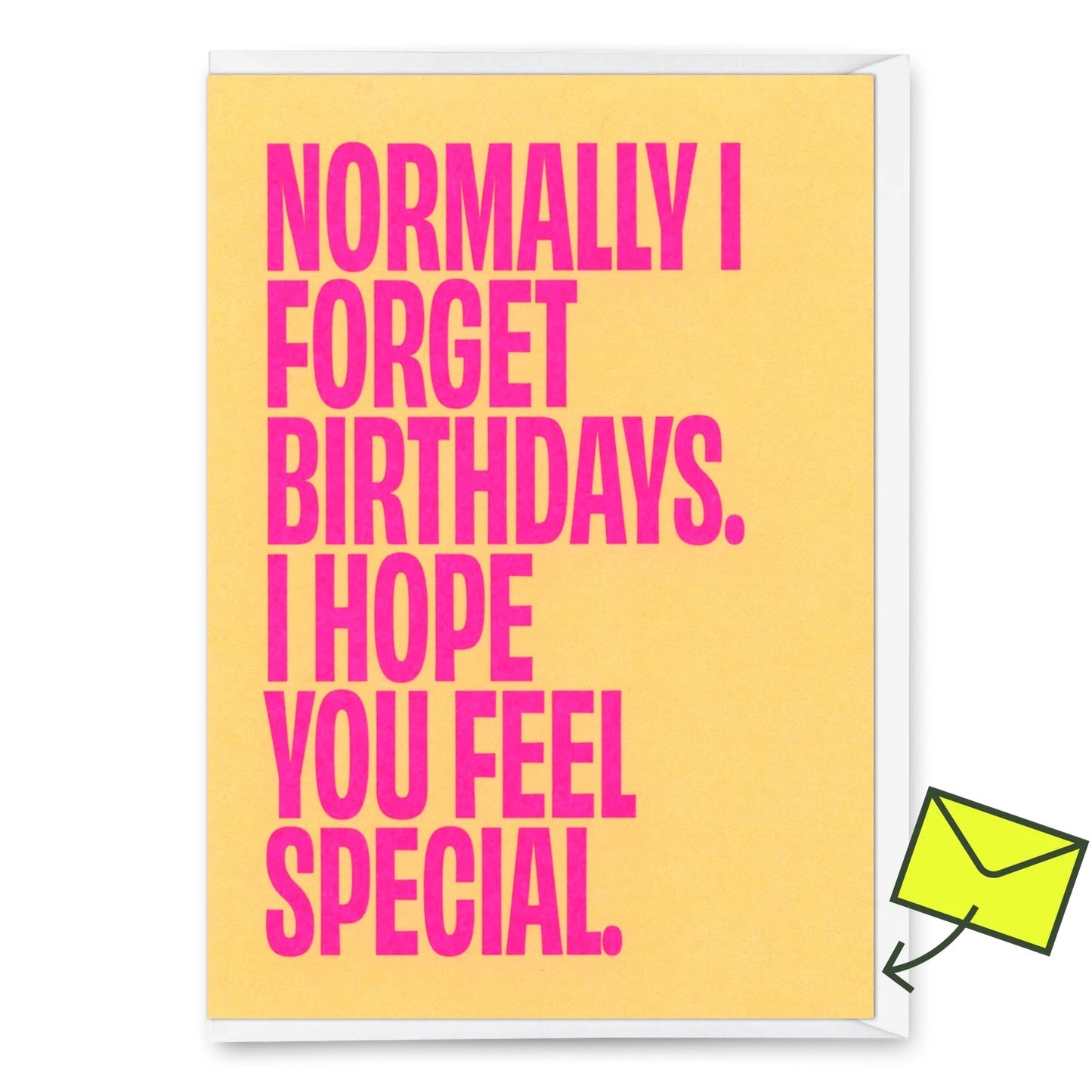  Geburtstagsgrußkarte mit kräftiger pinkfarbener Typografie auf sonniggelbem Hintergrund und der humorvollen Botschaft „Normally I forget birthdays.I hope you feel special.“