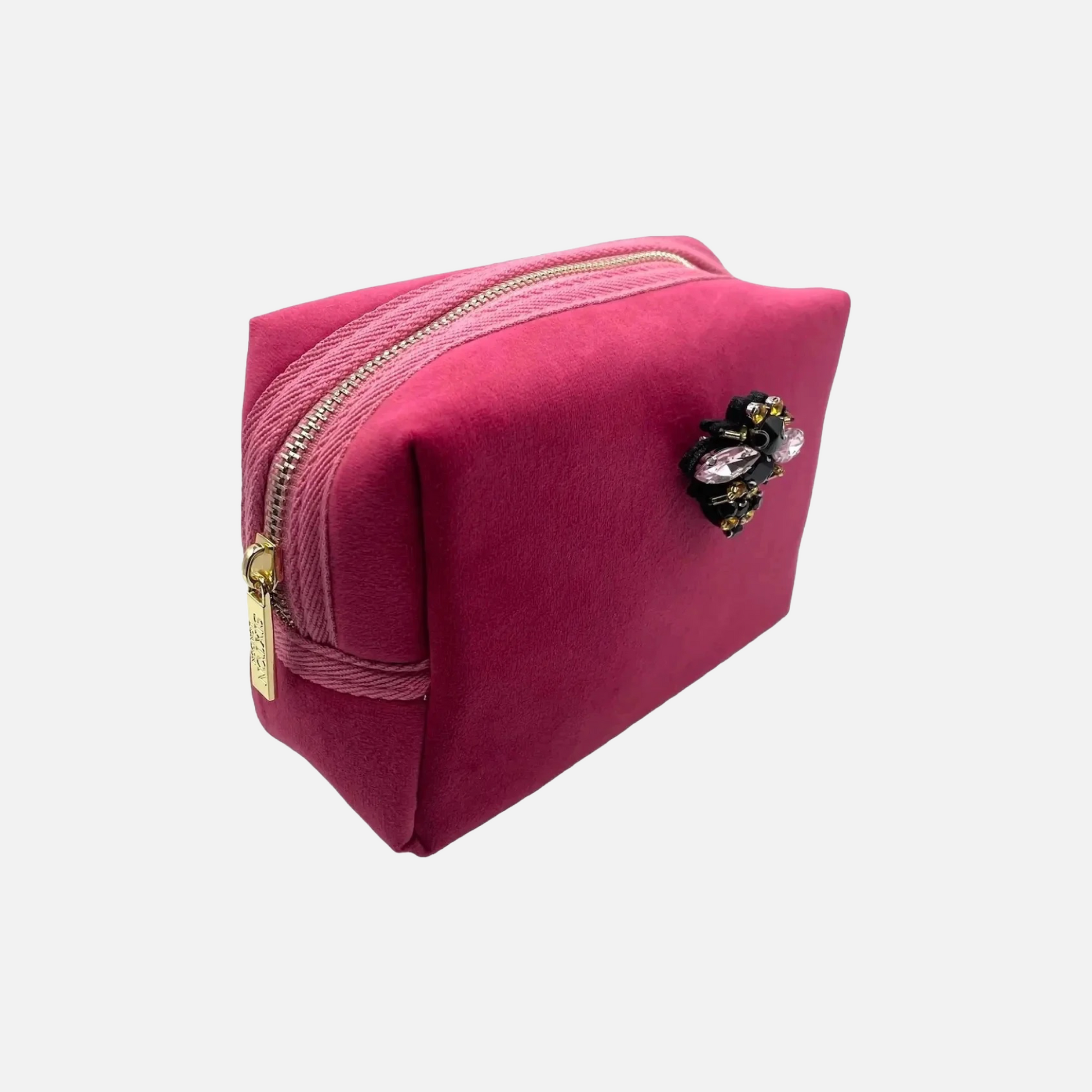 Kosmetiktasche in Pink mit Bienenbrosche aus Samt von der Seite