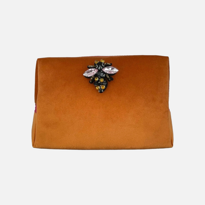 Kosmetiktasche in goldbraun mit Bienen Anstecker