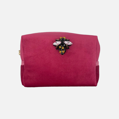 Kosmetiktasche in Pink mit Bienenbrosche aus Samt 