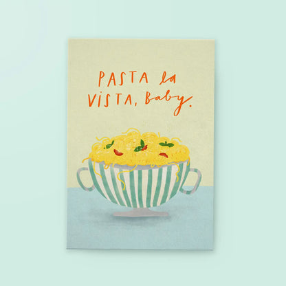 Illustration einer Schüssel mit Spaghetti, darüber der Text 'PASTA la VISTA, baby.'