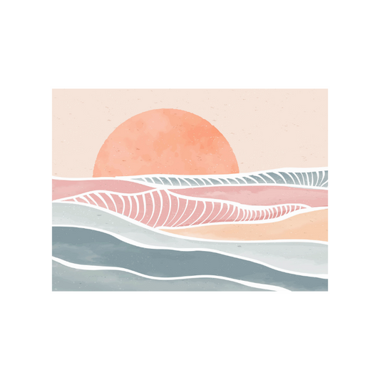 Abstrakte Landschaft mit stilisiertem Sonnenuntergang und geschwungenen Linien in Pastellfarben