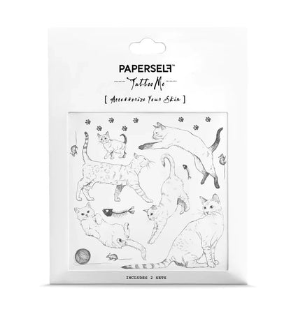 PAPERSelf Tattoo Me temporäre Tattoos mit verschiedenen Katzen in unterschiedlichen Posen und kleinen Spielzeugen wie Wollknäuel, Fischgräte und Mäusen
