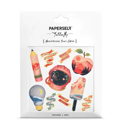 Paperself Tattoos mit Motiven: Bleistift, Astronautenhelm, Apfel, Glühbirne, Eis am Stiel und Sprüche wie 'A pencil and a dream can take you anywhere'