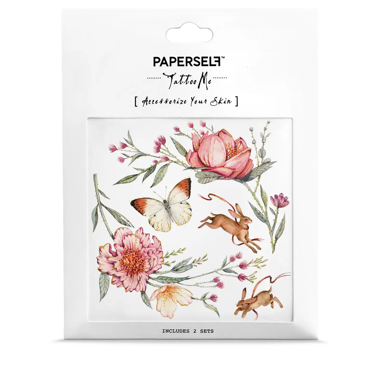 PAPERSelf Tattoo Me temporäre Tattoos mit Blumen, Schmetterling und Hasen, naturgetreu gestaltet