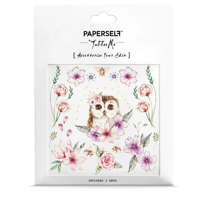 PAPERSelf temporäres Tattoo mit Eule und Blumen in Pastellfarben, Verpackung mit Text 'Tattoo Me' und 'Accessorize Your Skin'