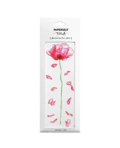 PAPERSSELF Tattoo-Motiv mit roter Mohnblume und fallenden Blütenblättern auf weißem Hintergrund