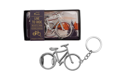 Schlüsselanhänger in Form eines Fahrrads aus Metall mit integriertem Flaschenöffner, verpackt in einer Box mit Aufschrift 'Live to Ride Bike Bottle Opener'