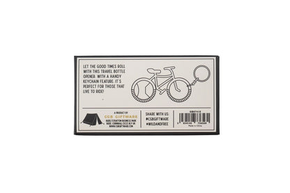 Verpackung mit Text 'Let the good times roll with this travel bottle opener' und Fahrrad-Schlüsselanhänger als Flaschenöffner