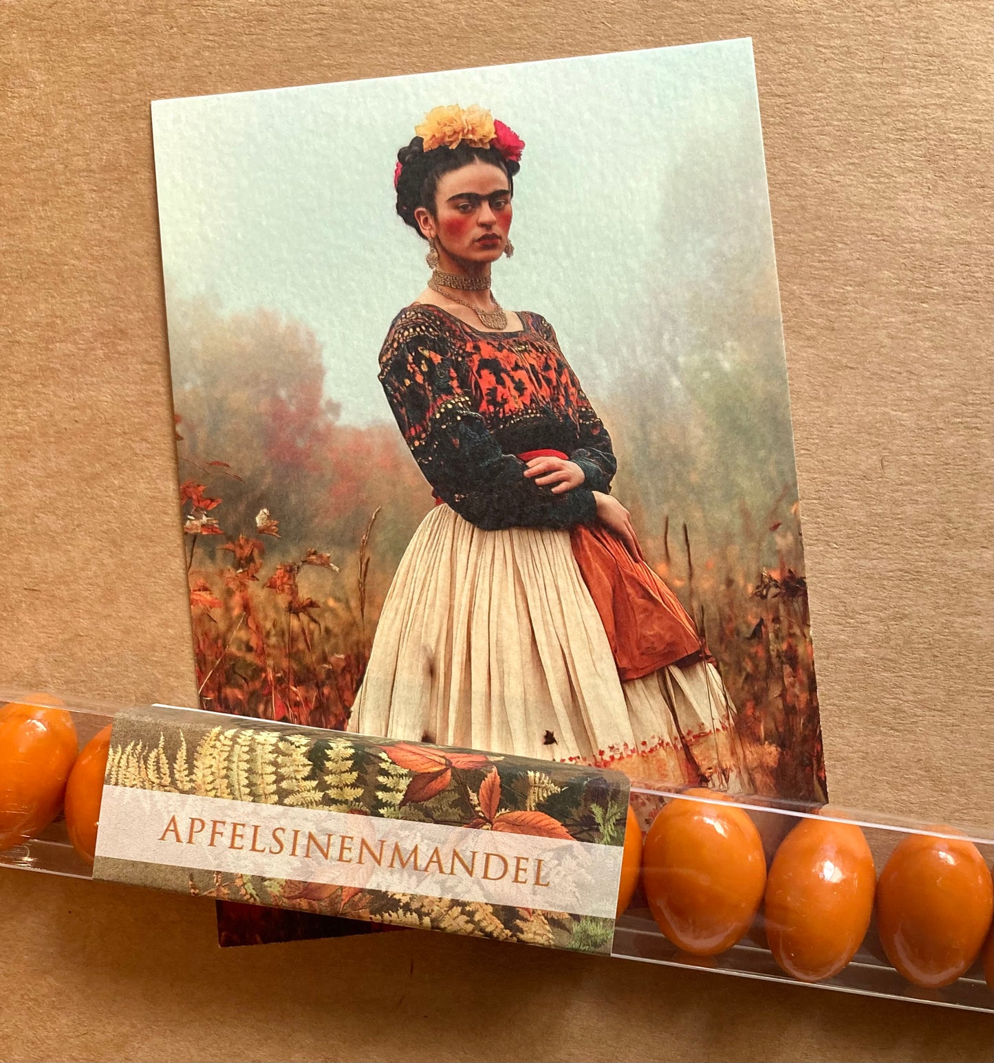 Orangefarbene Mandeln in einer transparenten Verpackung mit braunem Etikett 'APFELSINENMANDEL'.