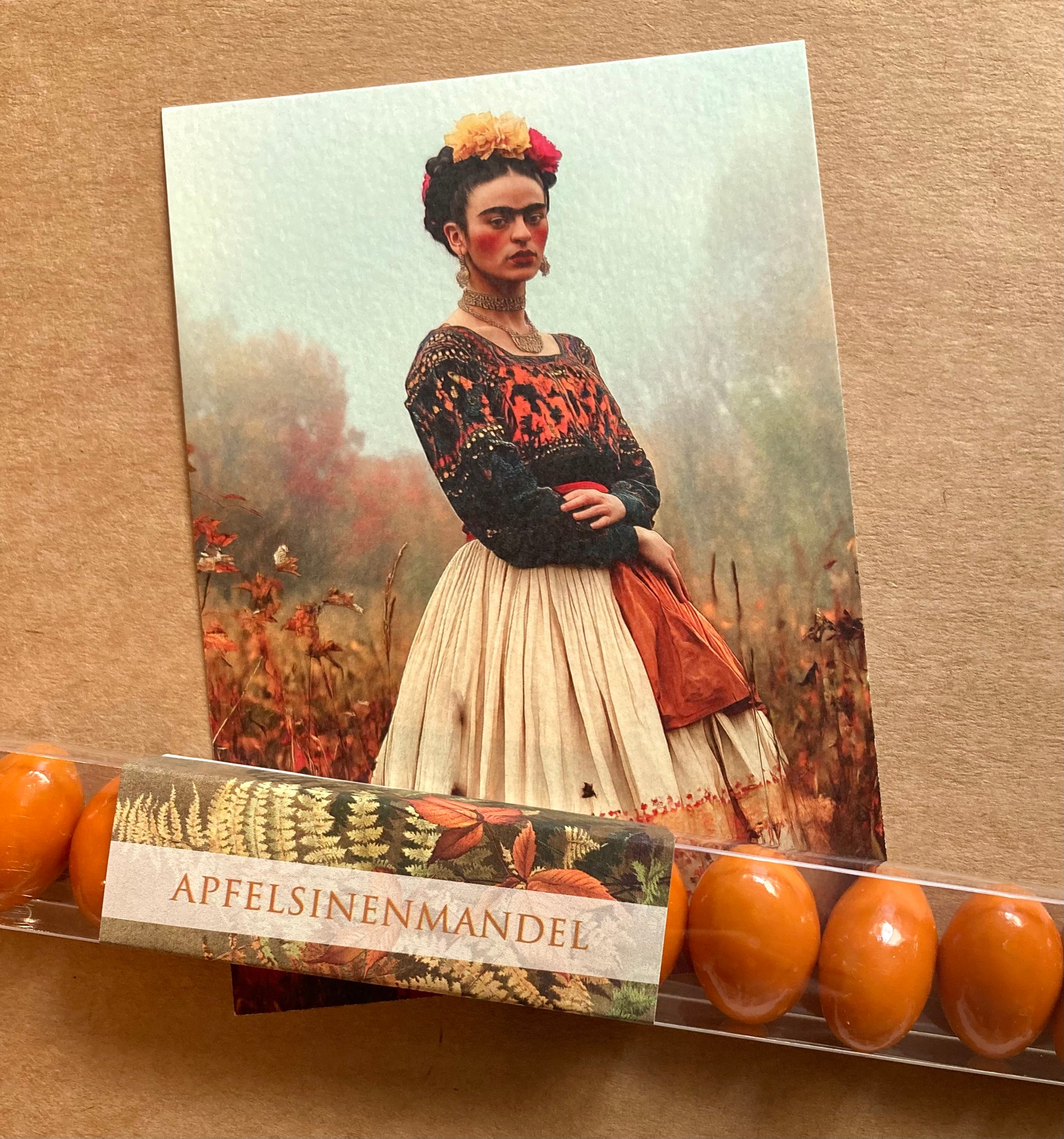 Orangefarbene Mandeln in einer transparenten Verpackung mit braunem Etikett 'APFELSINENMANDEL'.