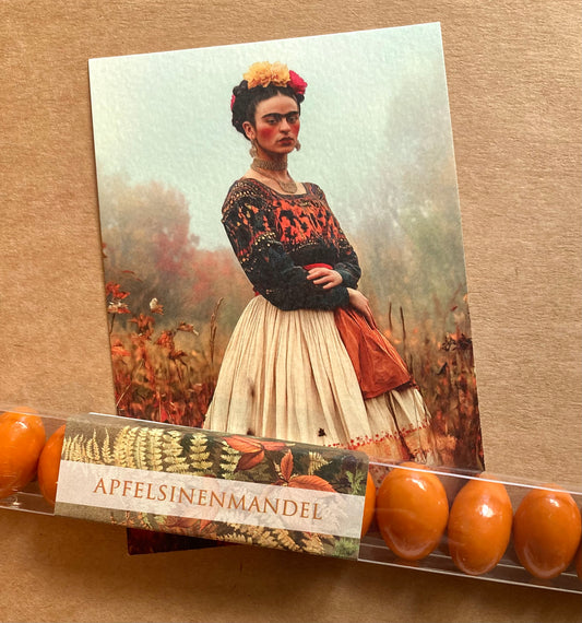 Orangefarbene Mandeln in einer transparenten Verpackung mit braunem Etikett 'APFELSINENMANDEL'.