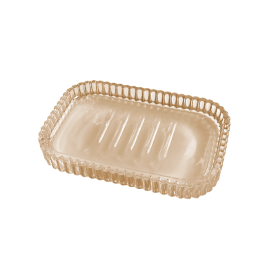 Rechteckige, durchsichtige Seifenschale mit geriffeltem Rand und Rillen in der Mitte.