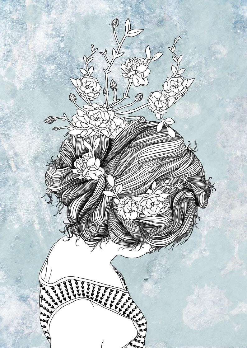 Karte mit Illustration einer Frau mit Blumen mit Haar