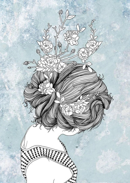 Karte mit Illustration einer Frau mit Blumen mit Haar