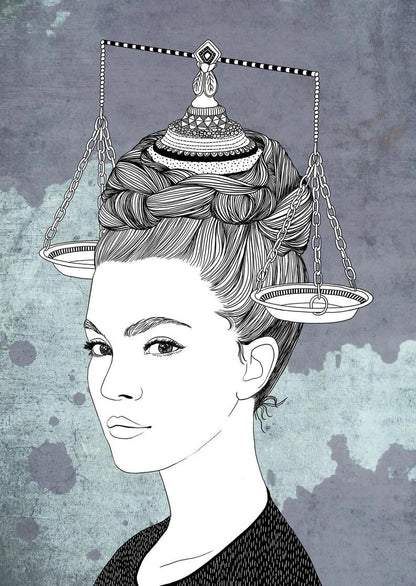 Frau mit Waage auf dem Kopf illustriert 