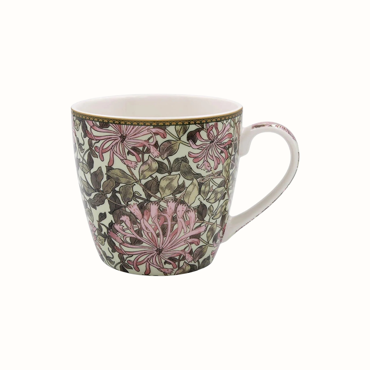Tasse mit Henkel, verziert mit floralen Mustern in Rosa und Grün, goldener Rand am oberen Rand.