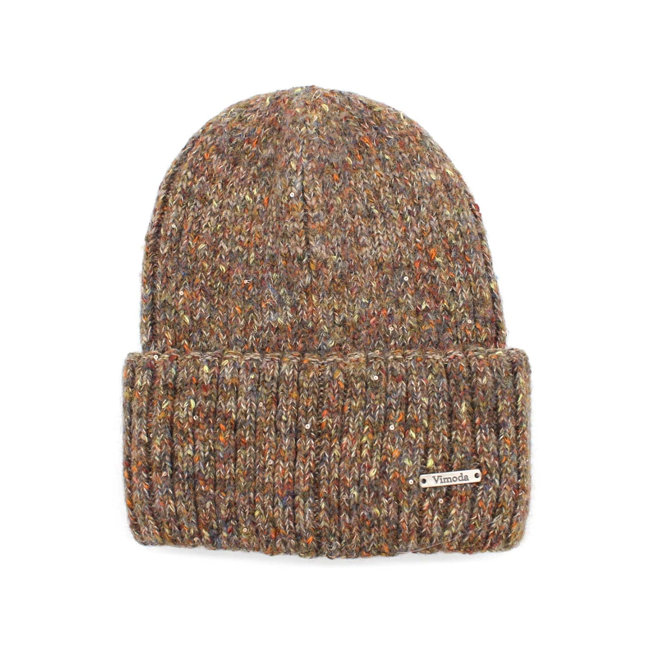 Strickmütze mit bunten Sprenkeln und Vimoda-Marken Label