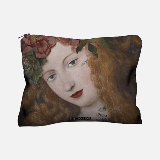 Kosmetiktasche mit Reißverschluss, bedruckt mit einer Illustration einer Frau mit langen, lockigen Haaren, Blumenkranz und Sternenhimmel im Hintergrund
