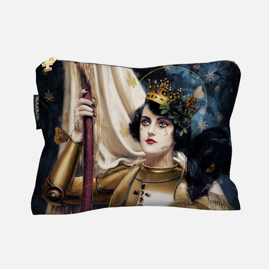 Kosmetiktasche mit einem Renaissance-Porträt der Jean D’arc in goldener Rüstung, die eine Fahne hält