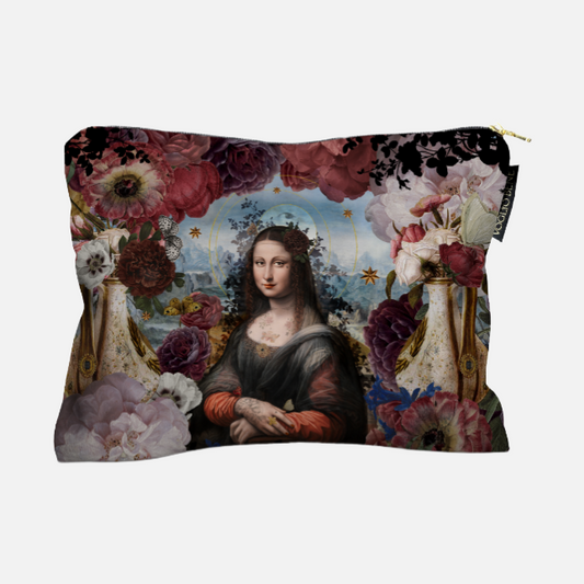 Kosmetiktasche mit Motiv der Mona Lisa umgeben von großen, bunten Blumen und goldenen Vasen