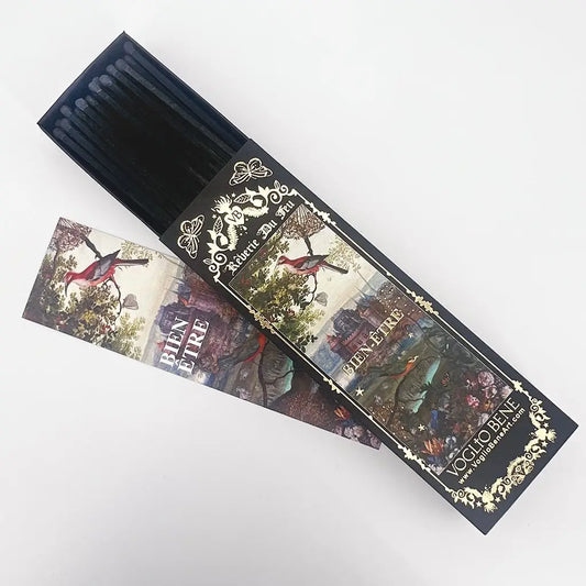 Dekorative Luxus-Streichholzschachtel mit klassischem Kunstwerk zeigt Gartenszene mit Personen in historischer Kleidung zwischen üppigem Grün und Architektur. Schwarze Verpackung mit goldenen Ornamenten und floralen Motiven. Schachtel teilweise geöffnet, Kunstdruck auf Außenhülle und Innenschublade sichtbar. Text ‘BIEN ETRE’ im Kunstwerk erkennbar. Marke ‘VOGLIO BENE’ mit Website-URL auf eleganter schwarzer Verpackung. Lange Holzstreichhölzer in geöffneter Schachtel sichtbar.