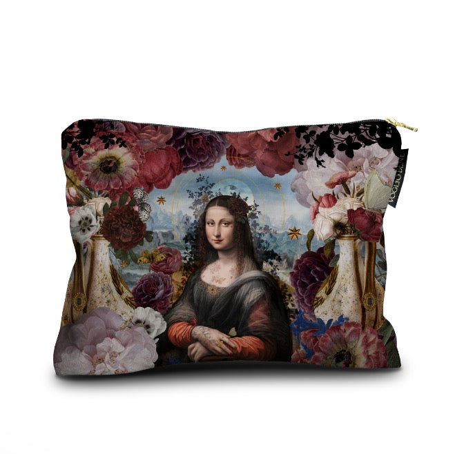 Kosmetiktasche mit Motiv der Mona Lisa umgeben von großen, bunten Blumen und goldenen Vasen