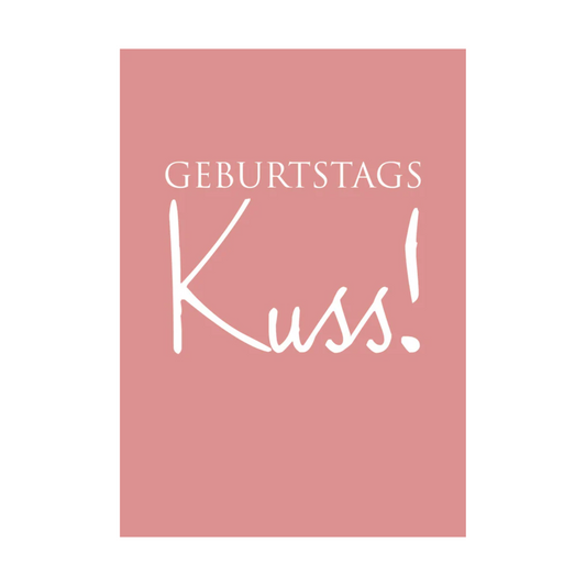 Die Karte präsentiert weißen Text in elegantem, minimalistischem Design mit folgender Botschaft:
„GEBURTSTAGSKUSS.“
Die Typografie ist klar und modern, der Text ist zentriert. Der rosafarbene Hintergrund schafft eine fröhliche, feierliche Atmosphäre, die sich gut für einen Geburtstagsgruß eignet.