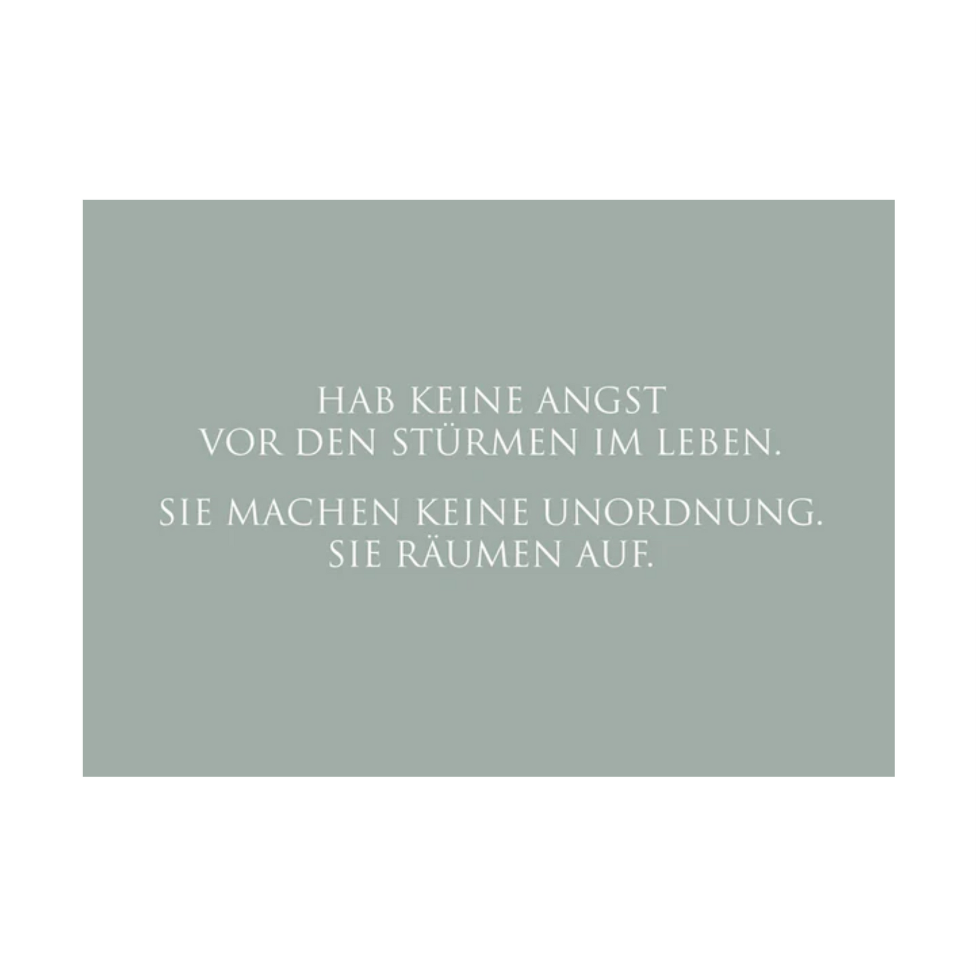 Dieses Bild zeigt eine Postkarte mit deutschem Text auf salbeigrünem Hintergrund. Der weiße Text in klarer, moderner Schrift trägt die folgende Botschaft:
„HAB KEINE ANGST VOR DEN STÜRMEN IM LEBEN. SIE MACHEN KEINE UNORDNUNG. SIE RÄUMEN AUF.“