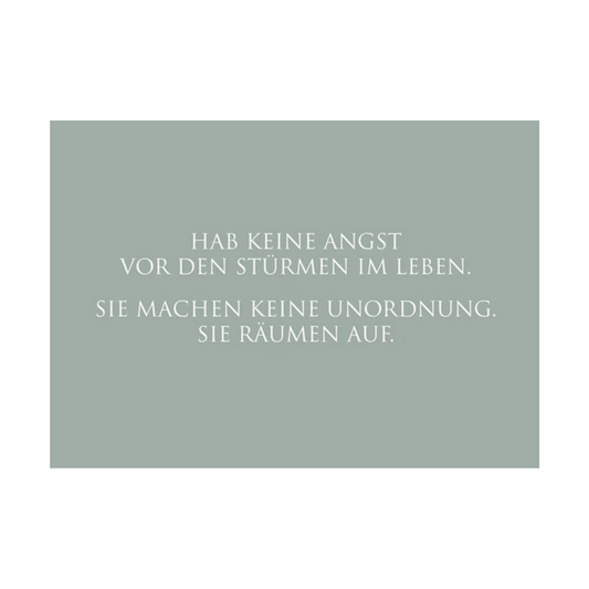 Dieses Bild zeigt eine Postkarte mit deutschem Text auf salbeigrünem Hintergrund. Der weiße Text in klarer, moderner Schrift trägt die folgende Botschaft:
„HAB KEINE ANGST VOR DEN STÜRMEN IM LEBEN. SIE MACHEN KEINE UNORDNUNG. SIE RÄUMEN AUF.“