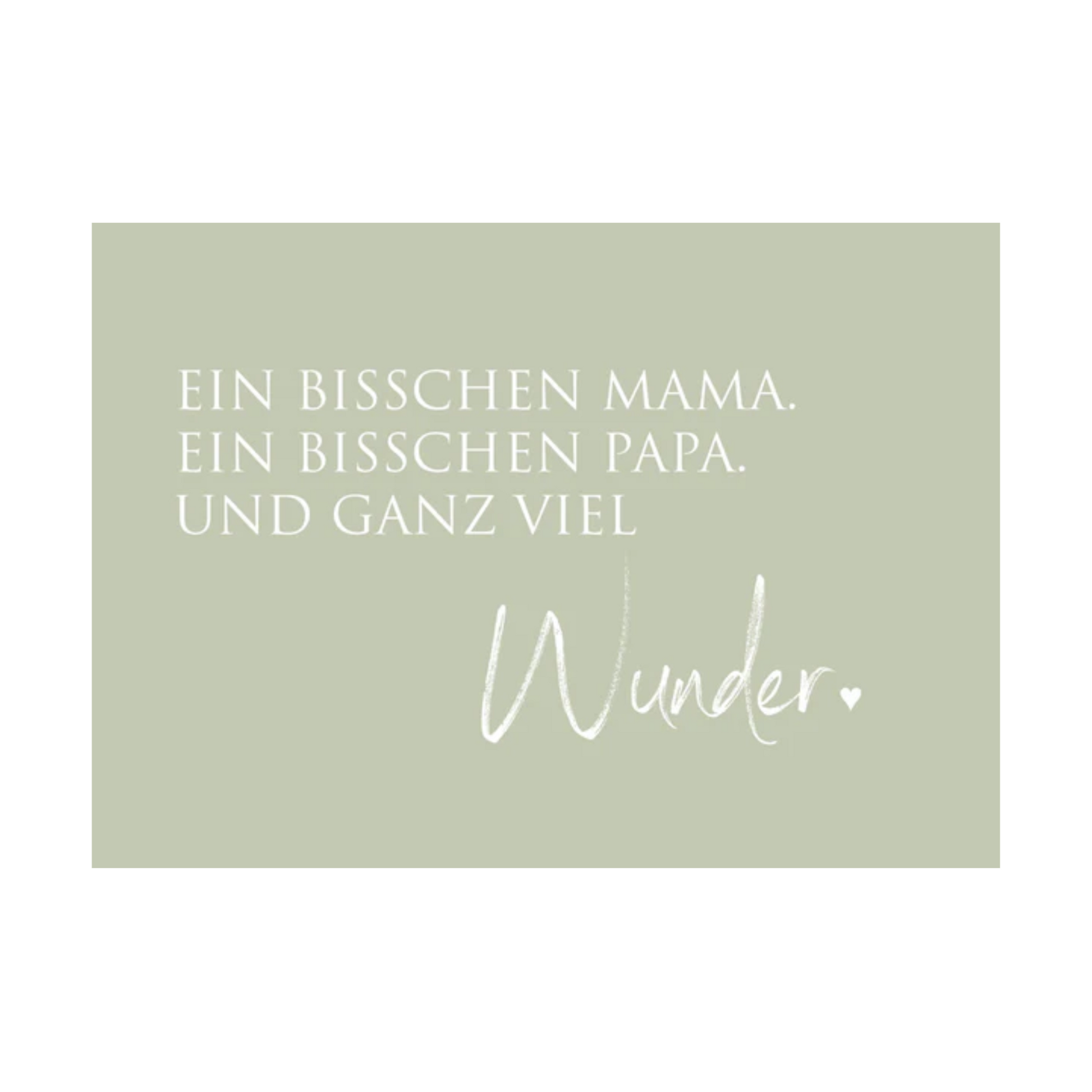 Dieses Bild zeigt eine  Postkarte mit deutschem Text auf zartgrünem Hintergrund. Die Karte enthält weißen Text in einer klaren, modernen Schriftart mit der folgender Botschaft: „EIN BISSCHEN MAMA. EIN BISSCHEN PAPA.UND GANZ VIEL WUNDER.“