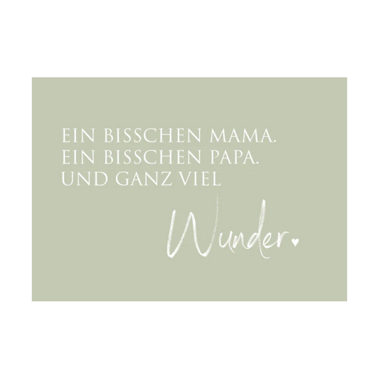 Dieses Bild zeigt eine  Postkarte mit deutschem Text auf zartgrünem Hintergrund. Die Karte enthält weißen Text in einer klaren, modernen Schriftart mit der folgender Botschaft: „EIN BISSCHEN MAMA. EIN BISSCHEN PAPA.UND GANZ VIEL WUNDER.“