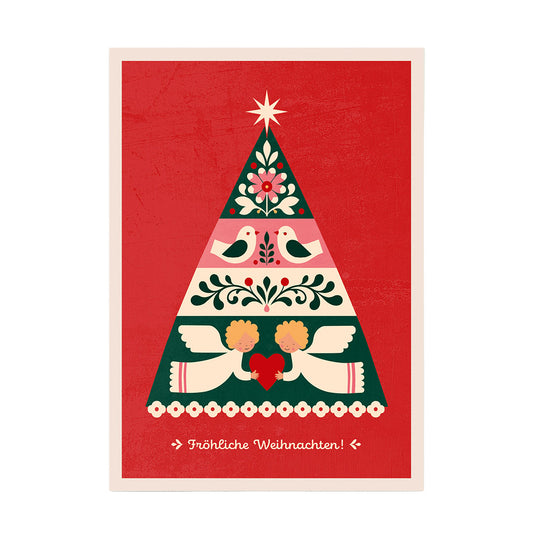 Eine illustrative Weihnachtskarte auf einem leuchtend roten Hintergrund mit einem großen, geometrischen Weihnachtsbaum in der Mitte. Der Baum ist in verschiedene Abschnitte unterteilt, die mit floralen Mustern, Vögeln, Beeren und zwei Engeln verziert sind. Oben auf dem Baum sitzt ein Stern. Unten steht in weißer Schrift „Fröhliche Weihnachten!