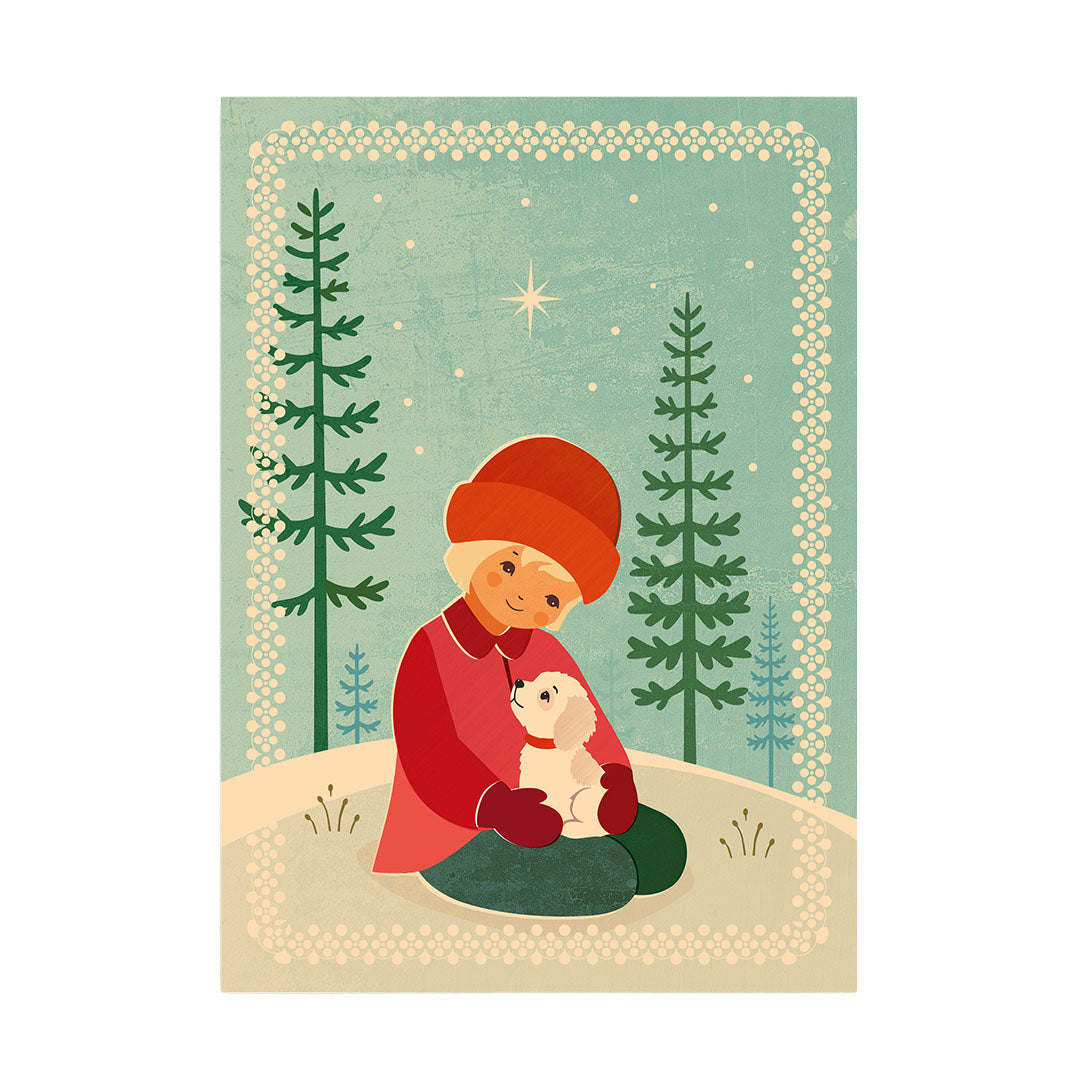 Eine illustrative Weihnachtskarte auf einem mintgrünen Hintergrund mit Schneeflocken und zwei stilisierten Tannenbäumen im Hintergrund. Im Vordergrund sitzt ein Kind mit einer roten Mütze und einem roten Mantel und hält einen kleinen, hellbraunen Hund.