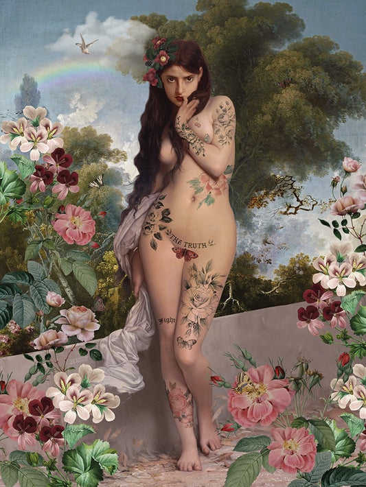 Neo-Klassisches A4 Poster „The Truth“ von Voglio bene mit tätowierter nackter Frau inmitten eines barocken Blumengartens und Regenbogens.